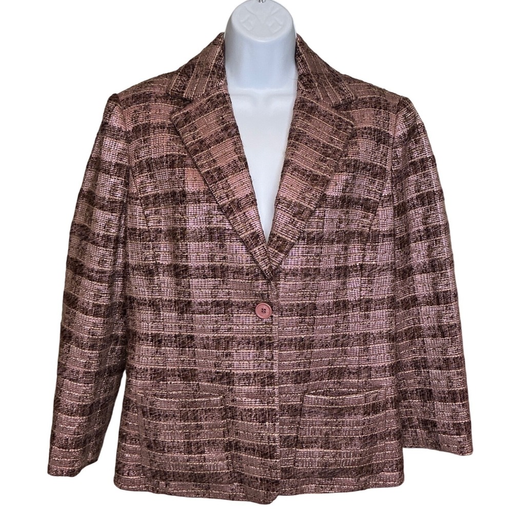 VOTRE NOM Pink Brown Tweed Plaid Sequin Blazer 12 Parisian Office-Chic Jacket